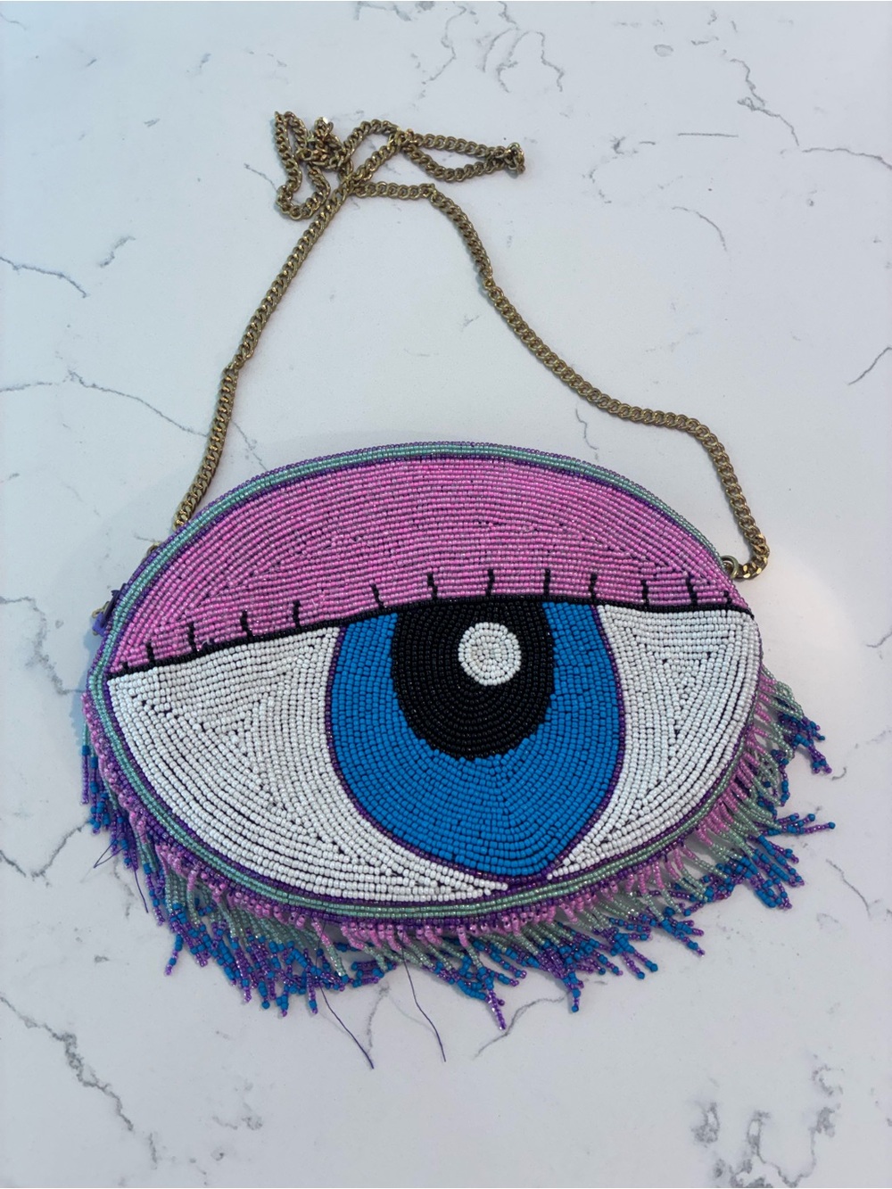 Beaded Eye Fringe Shoulder Bag in Pink & Blue